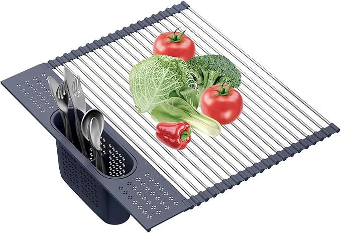 LEMIKKLE 17" x 15" Roll Up Dish Drying Rack Over The Sink Dish Drying Rack,Multi-Purpose Kitchen Rolling Dish Drainer Foldable SUS304 Stainless Steel Dish Drying Rack