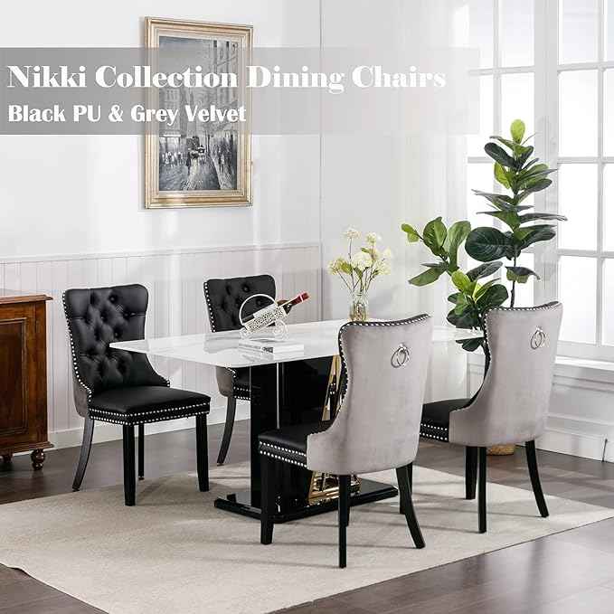 Dining Chairs Set of 6, Upholstered Dining Room Chairs with Back Ring Pull Trim and Solid Wood Legs, Modern Tufted Kitchen Chairs Perfect for Dining Room, Black Pu Leather Splicing Grey Velvet