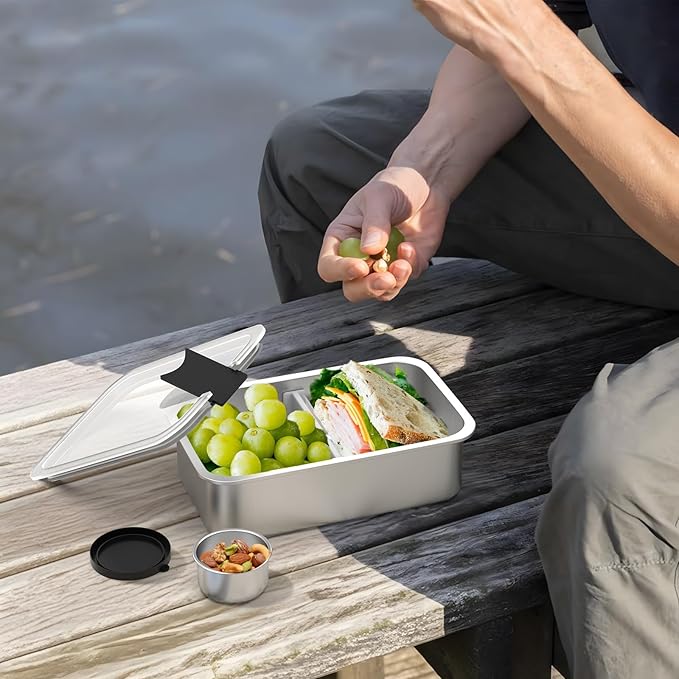 Bakpoco Stainless Steel Bento Lunch Box for Adult, 42oz Leak-Proof Lunch Box Containers, Microwave-Safe, with Adjustable Divider, Convenient Metal Lunchbox for Work, Travel