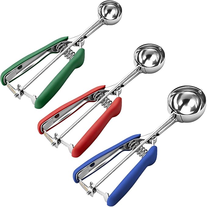 Cookie Scoop Set of 3,Color-Coded Cookie Scoops for Baking with Engraved Sizes,18/8 Stainless Steel Ice Cream Scoop with Non-Slip Soft Rubber Handles,Dough Scoopers for Cupcakes,Meatballs,Muffins