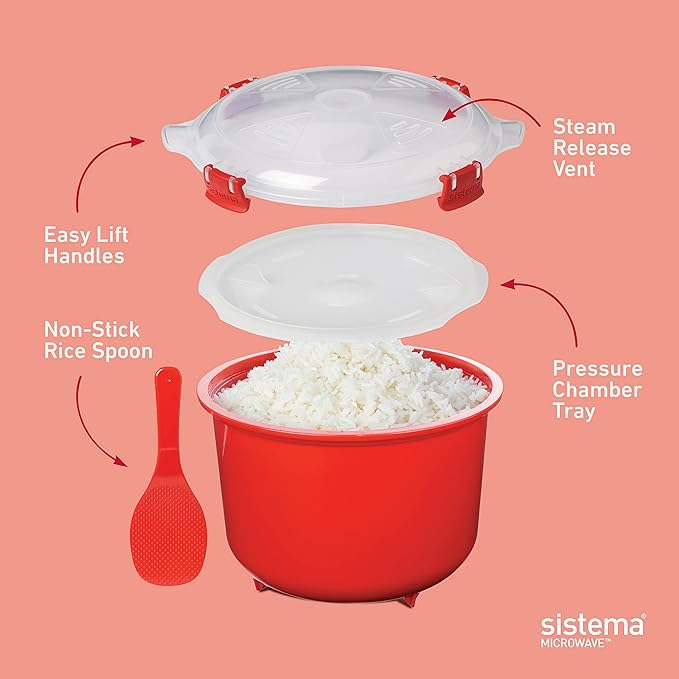Sistema Heat & Eat Microwaveable Rice Cooker & Food Container Set with Steam Release Vents, Microwave Rice Cooker & Round Food Storage Container, Dishwasher & Freezer-Safe, BPA-Free