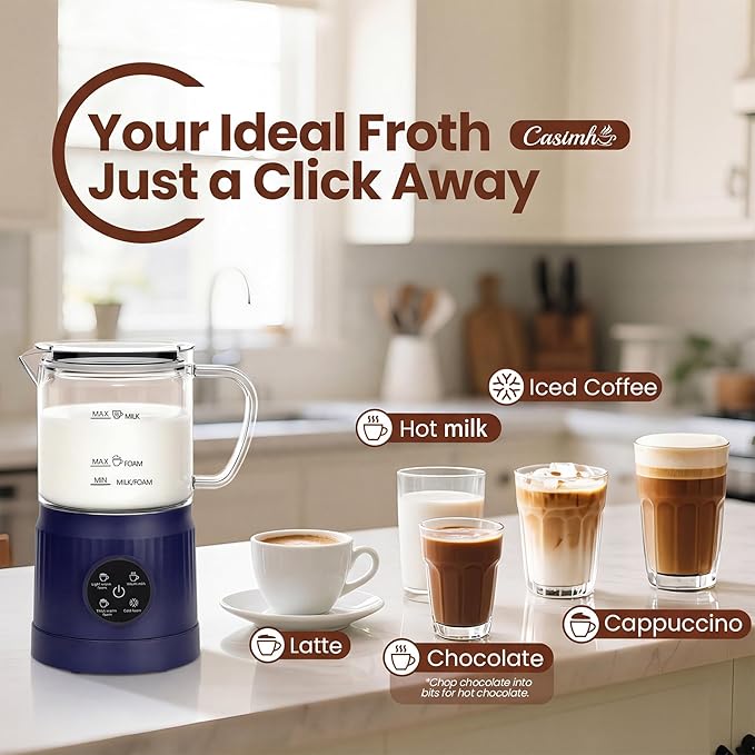 Casimhu 4-in-1 Milk Frother, Electric Milk Frother and Steamer with LED Touch Screen, Ceramic Lining Bottom, Milk Warmer 13.52oz for Lattes, Cappuccinos, and Macchiatos at Home (Navy blue)