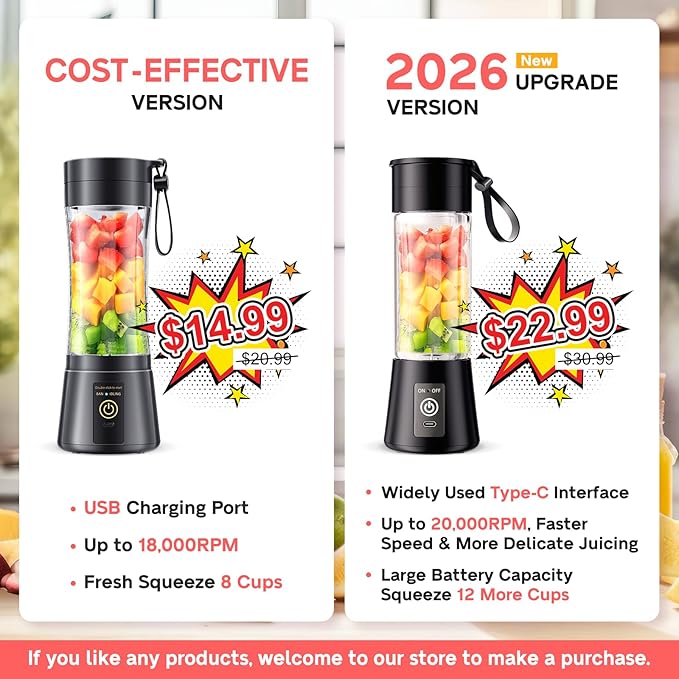 Portable Blender for Smoothies & Shakes - Cordless Personal Size Mini Blender with BAP Free Juice Cup, USB Rechargeable Suit for Sports/Picnic, Mother's Day