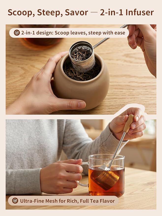 HOUSE AGAIN Tea Infuser for Loose Tea, 2-in-1 Tea Scoop Infuser Extra Fine Mesh Tea Strainers for Loose Tea, 304 Stainless Steel Loose Leaf Steeper, Tea Ball Filter with Handle for Spices, S