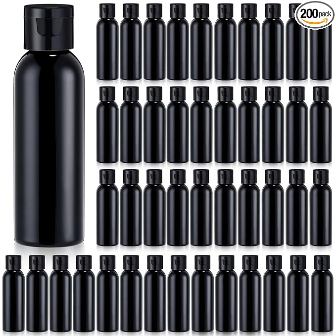 Zhehao 200 Pcs 2 oz Black Plastic Empty Bottles Small Travel Size Bottles with Flip Cap Empty Transparent Dispenser Container for Liquids Toiletries Shampoo Lotion(Black Cap)
