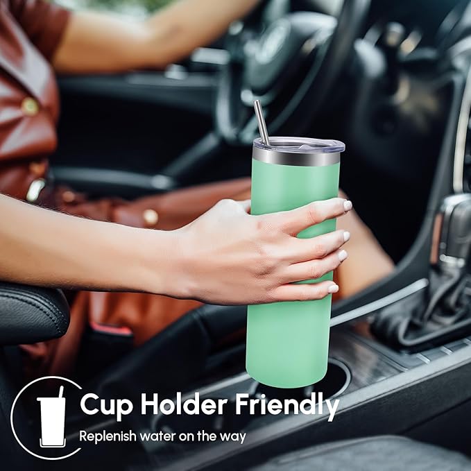 Volhoply 4 Pack Skinny Tumblers with Lid and Straw, 20oz Stainless Steel Straight Tumbler Bulk, Vacuum Insulated Coffee Mug for Home, Office, Travel, DIY (Mint,4 Pack)