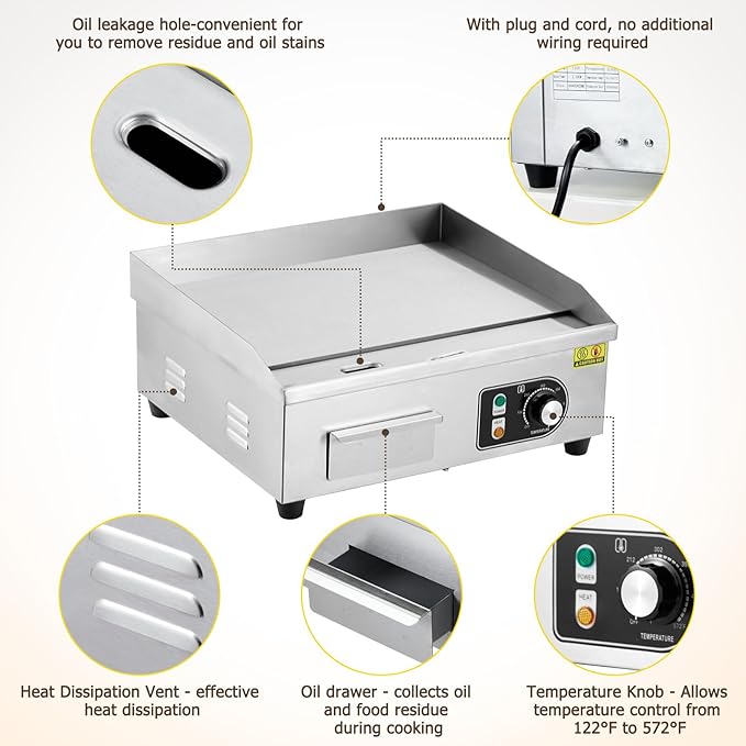 Takywep 18 Inch Electric Griddle, 1600W Electric Countertop Griddle, Non-Stick Restaurant 110V Teppanyaki Flat Top Grill Stainless Steel Adjustable Temperature Control 122°F-572°F (with PLUG)