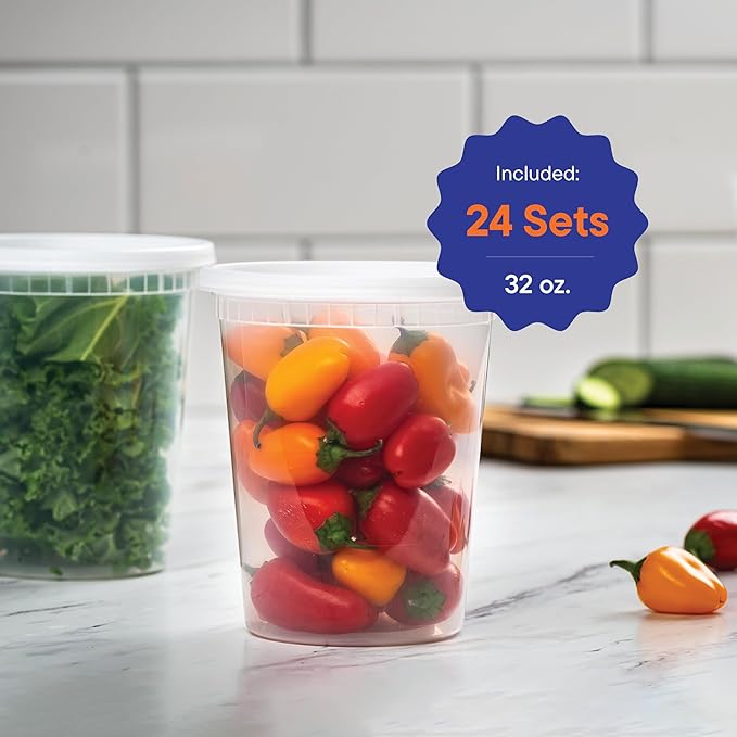 Stack Man [60-Sets] Plastic Deli Food Storage Containers with Airtight Lids Combo Set | 32 oz | 16 oz | 8 oz. | Disposable Plastic Takeout Containers for Soup - Freezer, Microwave and Dishwasher Safe