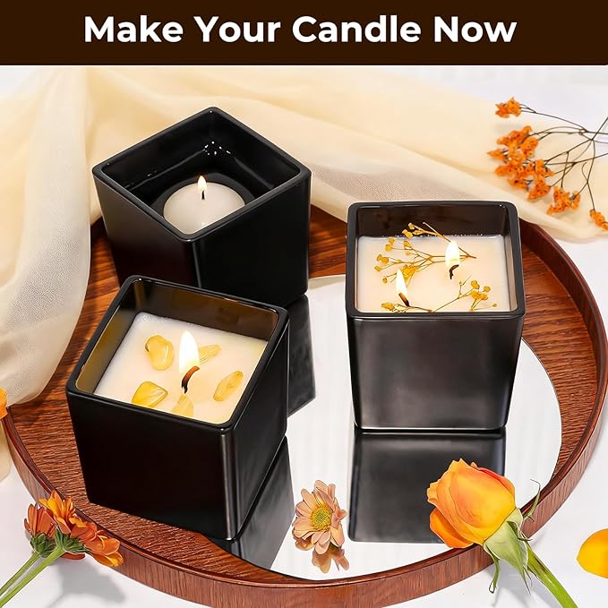 CONNOO 12 Pack 9 OZ Matte Black Square Candle Jars for Making Candles, Thick Glass Bulk Empty Candle Containers with Airtight Bamboo Lids for Candle Making, Sticky Warning Labels - Dishwasher Safe