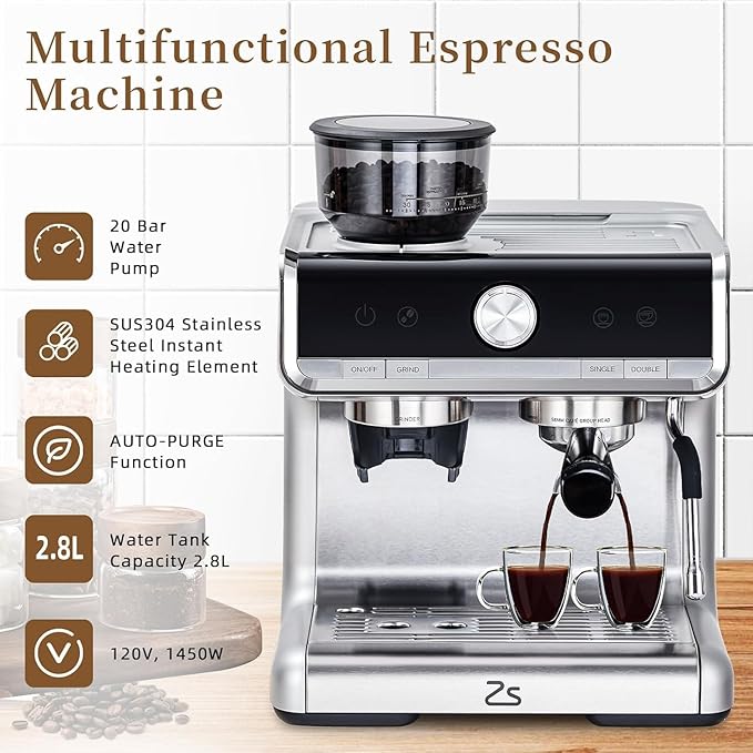 GarveeHome Espresso Machine With Grinder, 20 Bar Semi-Automatic Espresso Coffee Maker With Milk Frother Steamer Wand Cappuccino Latte Macchiato, 95 oz Water Tank, PID Temperature Control, Silver2
