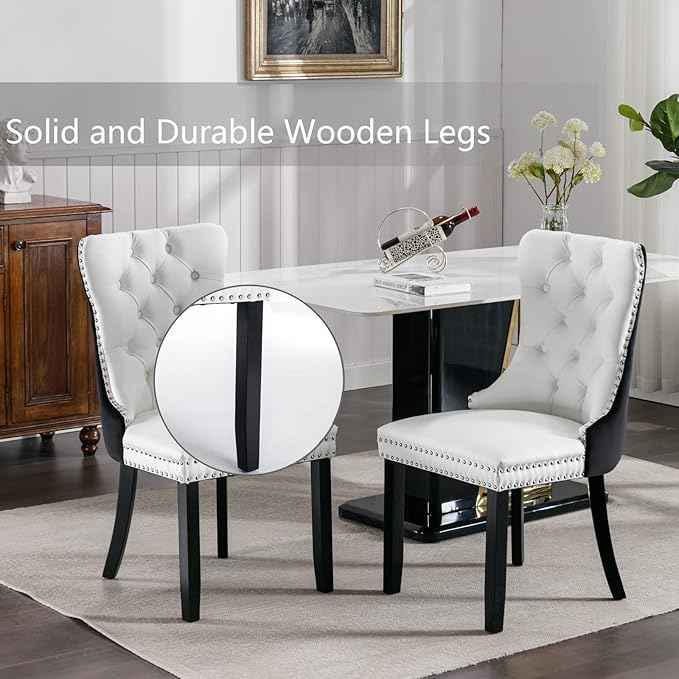 Dining Chairs Set of 2, Upholstered Dining Room Chairs with Back Ring Pull Trim and Solid Wood Legs, Modern Tufted Kitchen Chairs Perfect for Dining Room, White Pu Leather Splicing Black Velvet