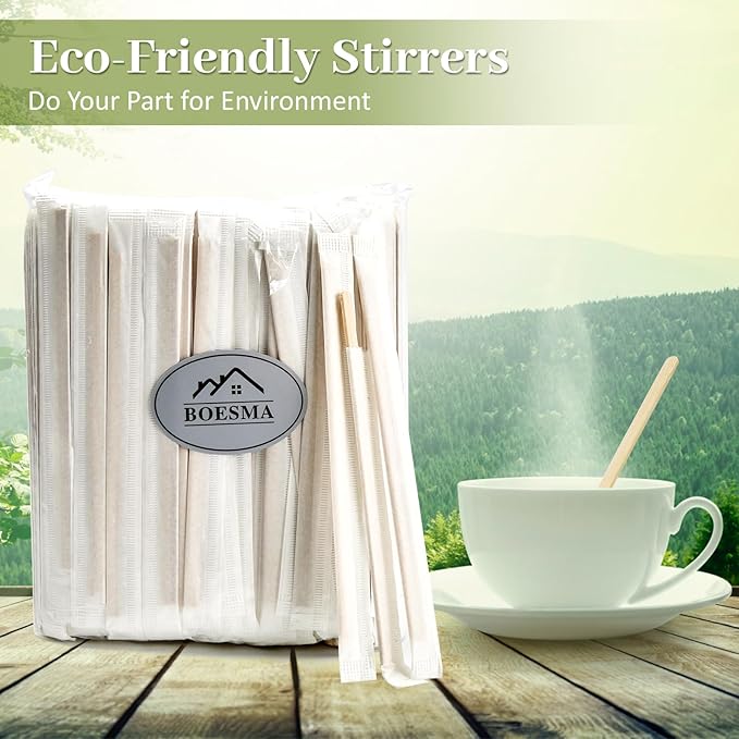 Bamboo Coffee Stirrers Individually Wrapped 500 Count, 7 inch Coffee Stir Sticks - For Hot Drinks and Cocktails, Smooth End, Disposable and Travel-Friendly