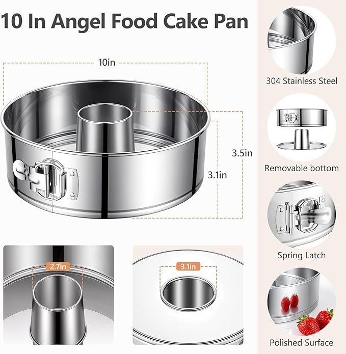 10-Inch Angel Food Cake Pan with Removable Bottom, 304 Food-Grade Stainless Steel Springform Tube Pan, Leak-Proof & Dishwasher Safe - Perfect for Angel food, Pound & Chiffon Cakes