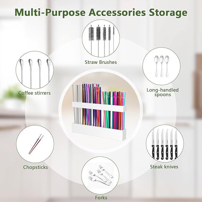 Acrylic Straw Holder for Cabinet Door - Reusable Tumbler Straw Organizer Storage, Small Kitchen Accessories Container, Ultra Sticky Cupboard Door Mounted (White, Large 9.5" (Most Cabinets))