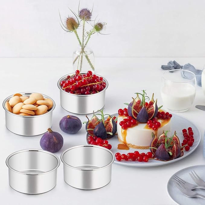 TeamFar 4 Inch Cake Pan Set of 4, Stainless Steel Mini Round Layer Cake Baking Pans Tins Set, For Baking Steaming Serving, Healthy & Sturdy, Mirror Finish & Dishwasher Safe