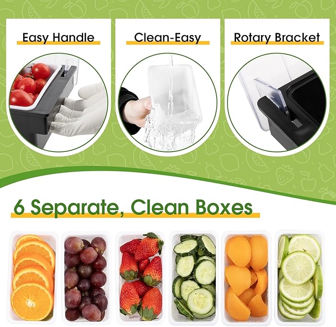 Ice Cooled Condiment Serving Container Fruit Veggie Condiment Caddy Plastic Garnish Station with Lid for Fruit,Ice Cream,Salad Bar-Topping Organizer for Restaurant Supplies (6 Compartments)