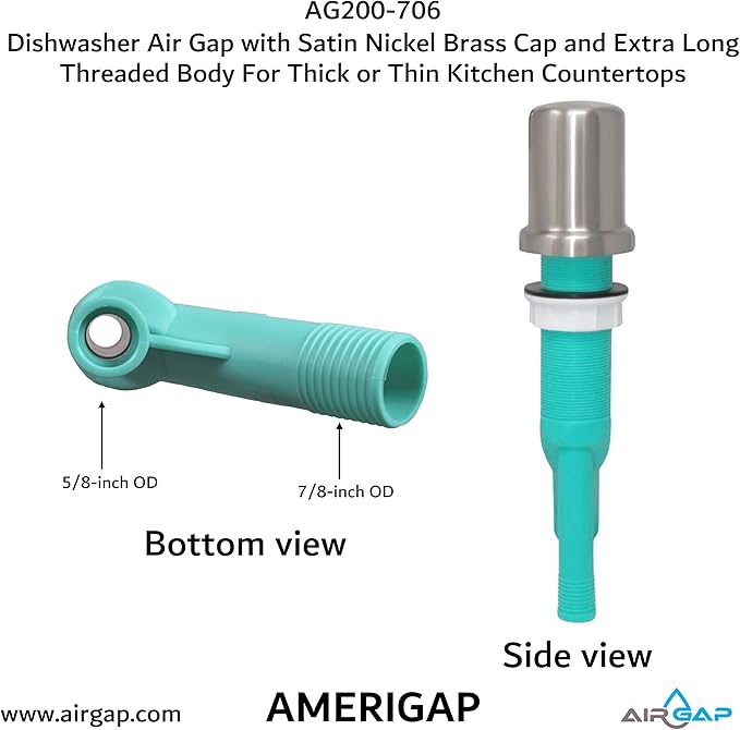 Dishwasher Air Gap with Skirted Satin Nickel Brass Cap and Extra Long Threaded Body for Thick or Thin Kitchen Countertops (AG200-706, AG200-X06, AMERIGAP)
