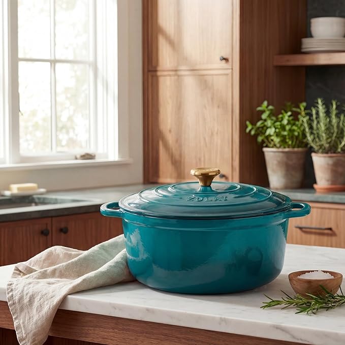 Zulay Kitchen 5 Quart Enameled Cast Iron Dutch Oven Pot with Lid – Premium Durability & Oven Safe up to 500°F – Heavy Duty Cookware Perfect for Bread Baking, Stews, Braising & Roasting – Emerald