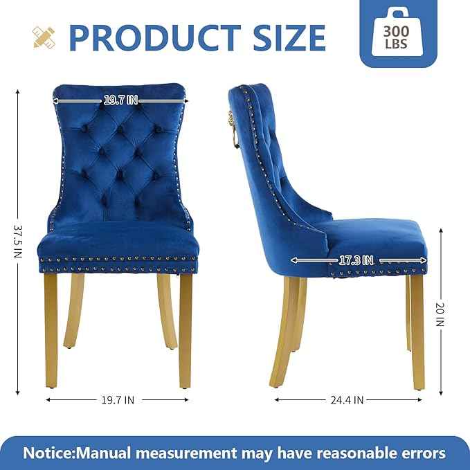 Velvet Dining Chairs Set of 2, Modern Tufted Dining Room Chair, Upholstered Dining Chairs with Lion Head Pulls Ring and Golden Solid Wood Legs, Luxury Kitchen Chairs for Dining Room, Blue