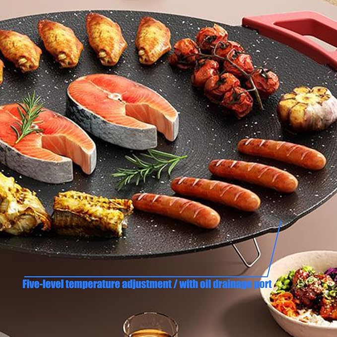Indoor Smokeless Electric Griddle, Nonstick Round Tabletop Grill with Temperature Control, 1000W Fast Heating, Oil Drain Design for Steaks, Burgers, Pancakes, BBQ (40 cm/16 inch)