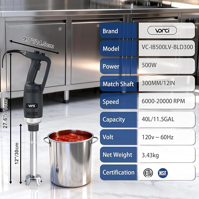 VONCI 500W Commercial Immersion Blender, 12" SUS 304 Removable Shaft, Heavy Duty Power Hand Mixer with Variable Speed 6000-20000RPM, Professional Electric Stick Blender for Restaurant Kitchen Use.