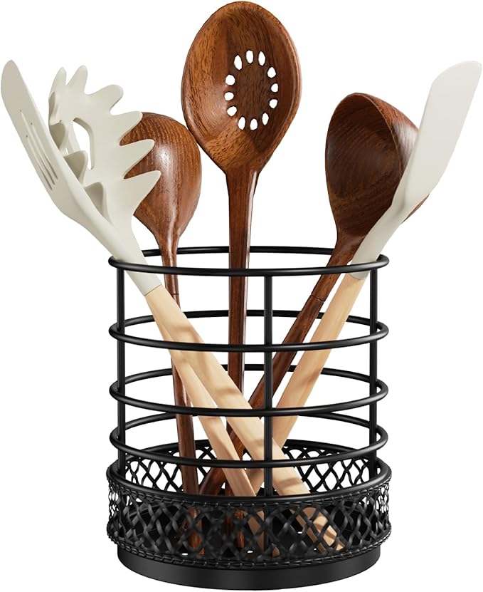Metal Kitchen Utensil Holder for Kitchen Counter-5.43 x 5.98 inch, Black Utensil Crock for Spatula, Spoon, Fork & Knife, Rustproof Organizer