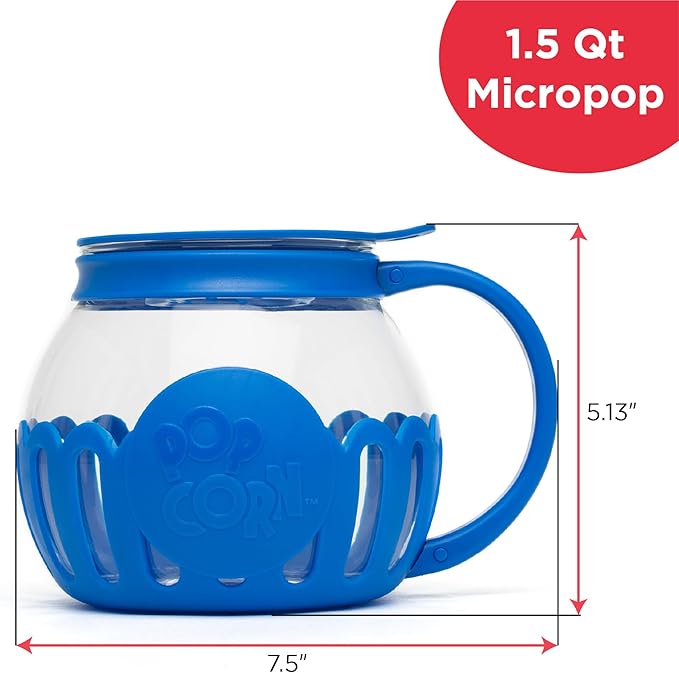 Ecolution Patented Micro-Pop Microwave Popcorn Popper with Temperature Safe Glass, 3-in-1 Lid Measures Kernels and Melts Butter, Made Without BPA, Dishwasher Safe, 1.5-Quart, Blue