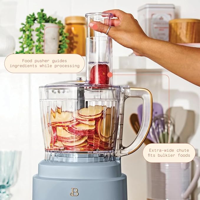 Beautiful by Drew Barrymore 10-Cup Food Processor, 500-Watts, Variable Speed, Pulse, 3" Wide Feed Tube, Stainless Steel Blades, Dishwasher Safe, Large Bowl, Accessories Included (Cornflower Blue)