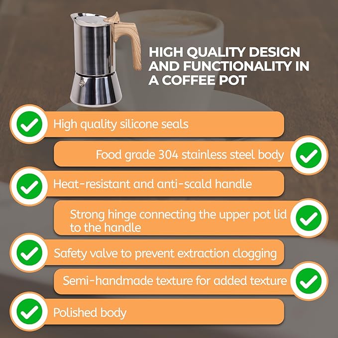 Uncoated 4 Cup Moka Pot 304 Thickened Stainless Steel Coffee Maker Stovetop Espresso Coffeemaker Italian Classic Style Brewing Greca Cafe Mocha Machine for Cafeteras Camping Travel Home 200ml 6.6oz