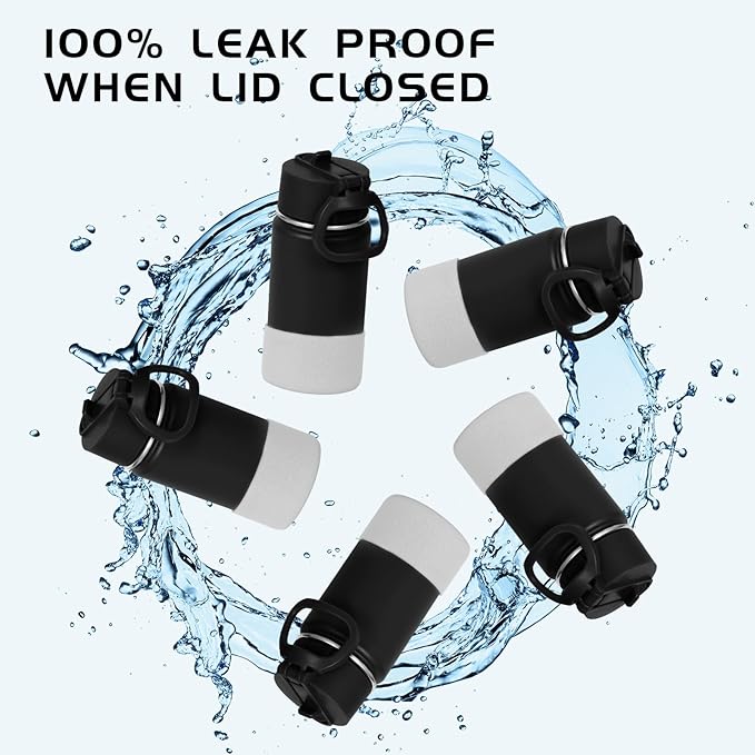 Volhoply 14oz KIds Water Bottle with Straw Lid and Silicone Boot Bulk 2 Pack,Stainless Steel Insulated Cups for Boys & Girls Multipack,Double Wall Vacuum Leakproof Bottles(black,2)