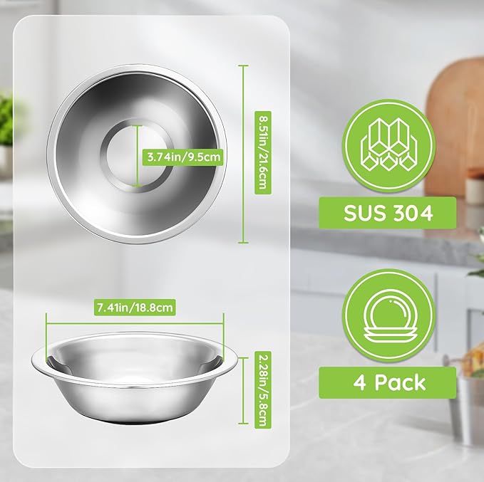 304(18/8) Stainless Steel Mixing Bowls for Kitchen, 4 Pack 8.7" 34.88 fl.oz Metal Mixing Bowls Set Stackable for Baking Serving Cooking Food Prep Storage Dishwasher Safe Lightweight