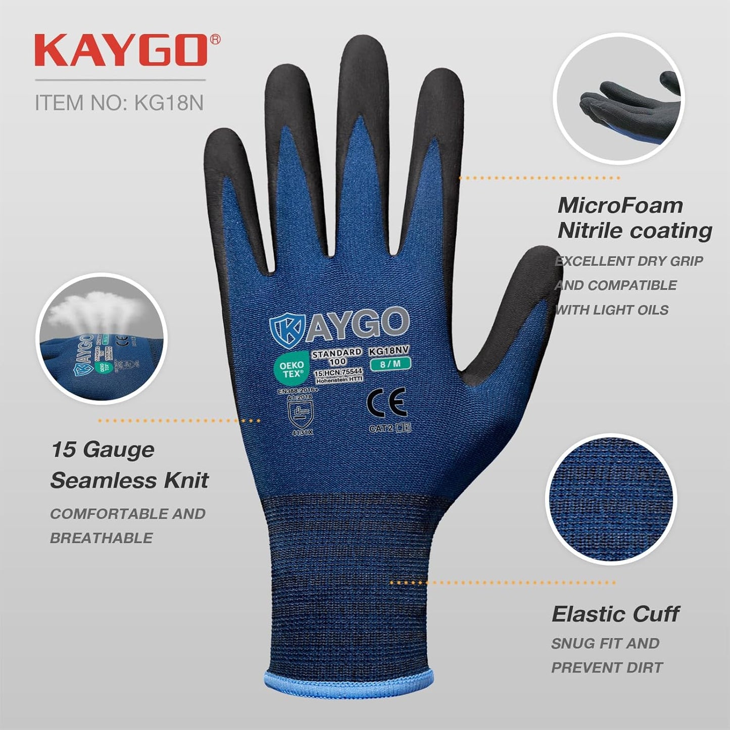 KAYGO Safety Work Gloves MicroFoam Nitrile Coated, 3 Pairs KG18NB,Seamless Knit Nylon Glove for Men and Women, Ideal for Automotive,Warehouse,Construction (L, Dark Blue)