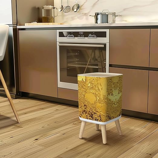 Small Trash Can with Lid Gold texture for cover cards flyers poster Bronze old paint Golden Wastebasket with Press Cover Dog Proof Garbage Can Waste Bin for Kitchen Bathroom Nursery 2.6 Gallon