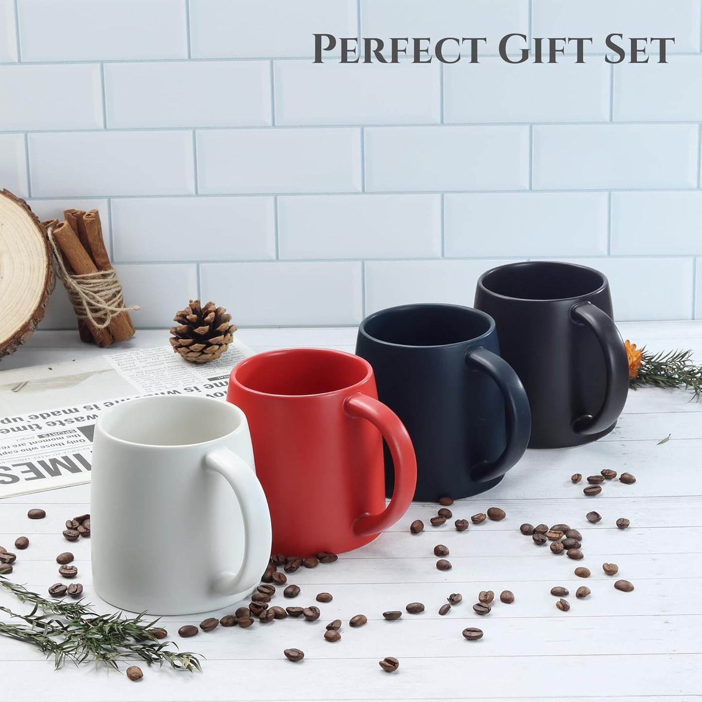 Classic Mug, 14 oz Large Coffee Mug with Handle, Ceramic Porcelain Tea Cup, Smooth Matte (Sliding Lid, Red)