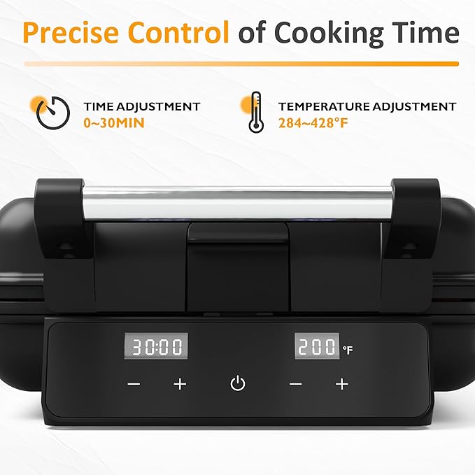 Sunvivi Waffle Maker Machine 4 Slices with Quick Heat-Up, Time & Temperature Control, LCD Display, Nonstick Surface, Perfect Waffle Iron for Kids and Families, Stainless Steel, Silver