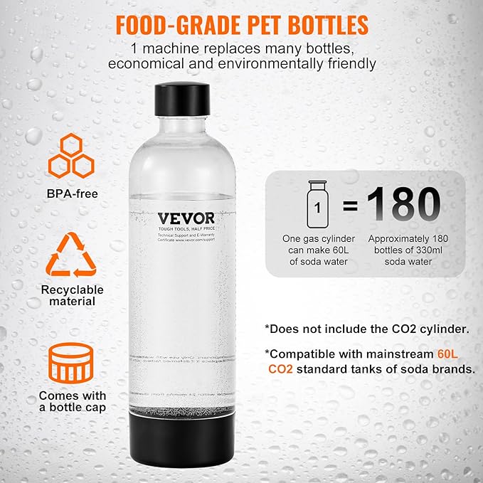 VEVOR Sparkling Water Maker, Soda Maker Machine for Home Carbonating, Seltzer Water Starter Kit with BPA free 1L PET Bottle, Compatible with Mainstream Screw-in 60L CO2 Cylinder(NOT Included), Black