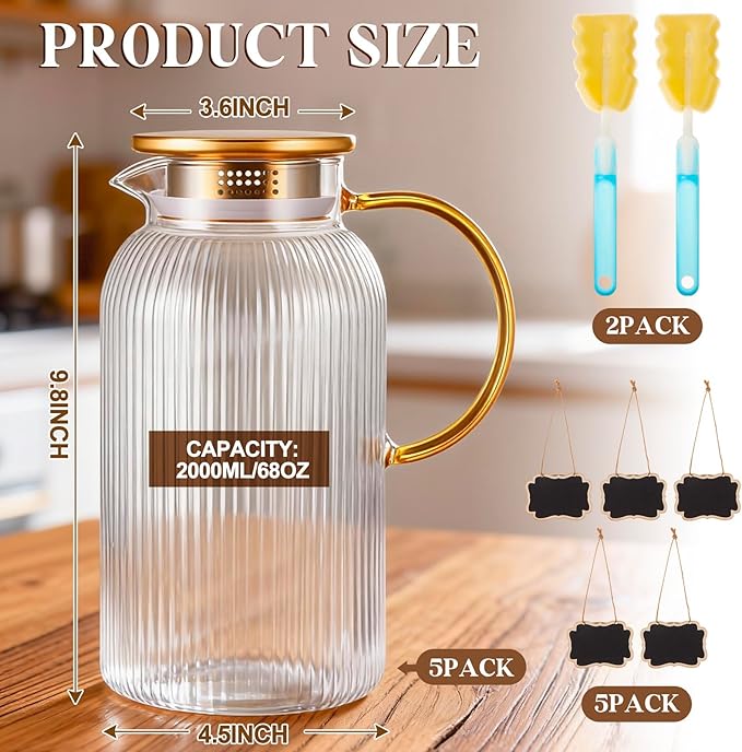 Lounsweer 5 Pack Glass Pitcher with Lid, 68 oz/ 2 Liter Vertical Stripes Water Pitcher with Yellow Handle Mini Rectangle Chalkboard Label and Sponge Cup Brush Housewarming Gifts, Hot and Cold Drinks