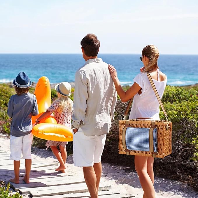 Wicker Picnic Basket Set for 2 Person with Cooler Compartment and Waterproof Picnic Blanket,Removable Strap,Cutlery Set,for Camping,Day Travel,Beach,Hiking,BBQ and Family/Couples Gifts