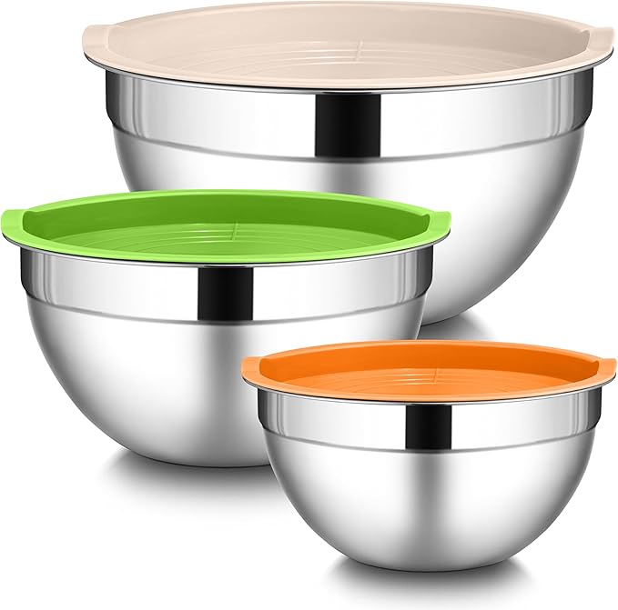 LIANYU Stainless Steel Metal Mixing Bowls, 3 Sizes Large and Small Salad Mixing Bowl Sets, Include Airtight Lids, Ideal for Kitchen Storage, Prepping, Baking, Three-Color