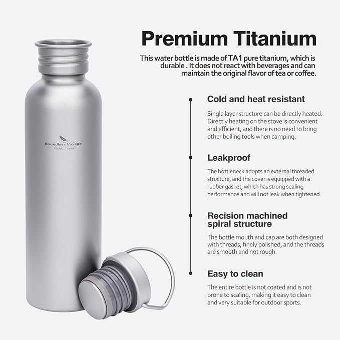 Boundless Voyage Titanium Water Bottle with Lid Wide Mouth Leak-Proof Reusable Sport Drinking Bottle for Camping Hiking Picnic Climbing Running Tea Coffee (750ml)