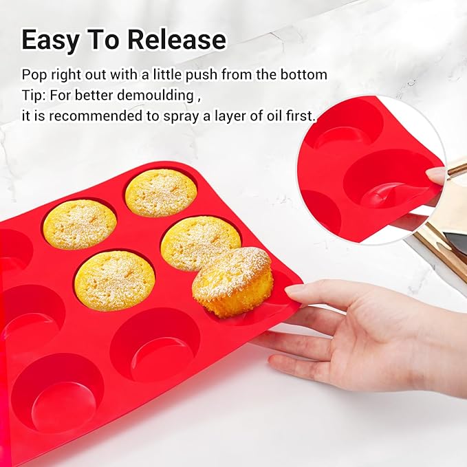 Redfly 2 Pack Silicone Muffin Pans for Baking & Cupcake Pan - 12 Cup Regular Size Silicone Molds, BPA Free Egg Bites Mold