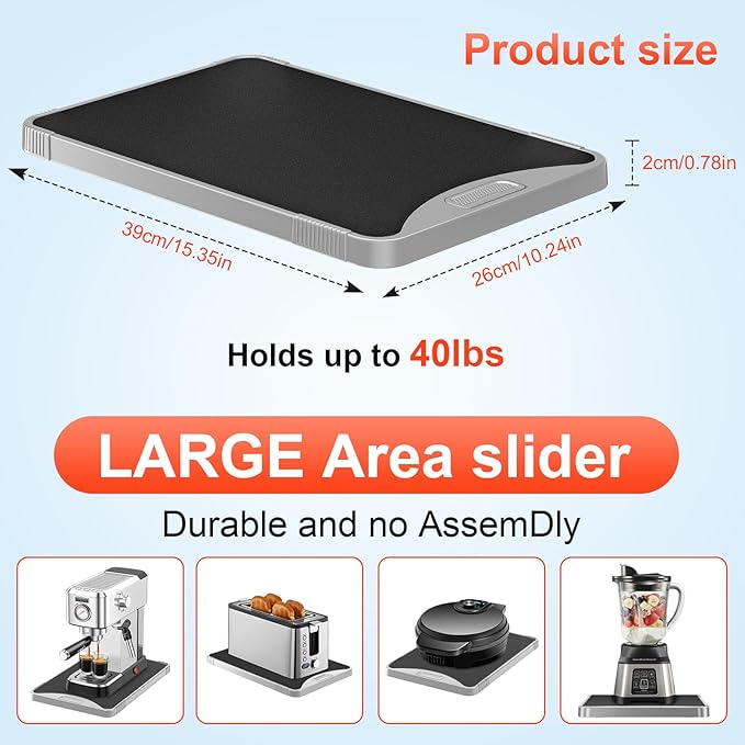 ARGOMAX Appliance Rolling Tray, Coffee Maker Slider, coffee pull out tray, sliding coffee maker tray, Suitable for coffee machines, air fryers and other appliances (Gray-Plastic)
