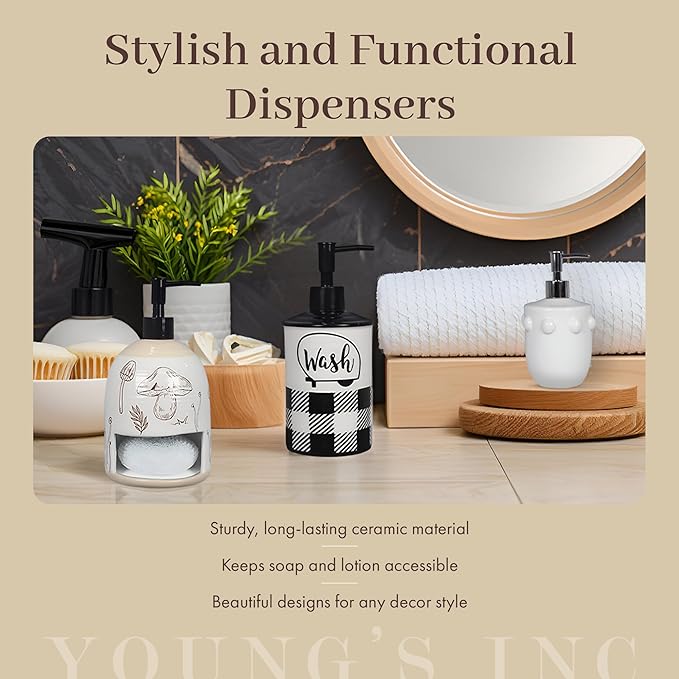 Young's Inc. Ceramic Soap Dispenser Pump, White Winter Lotion Pump Dispenser for Bathroom Decor Kitchen, Liquid Soap Lotion Pump Bottle
