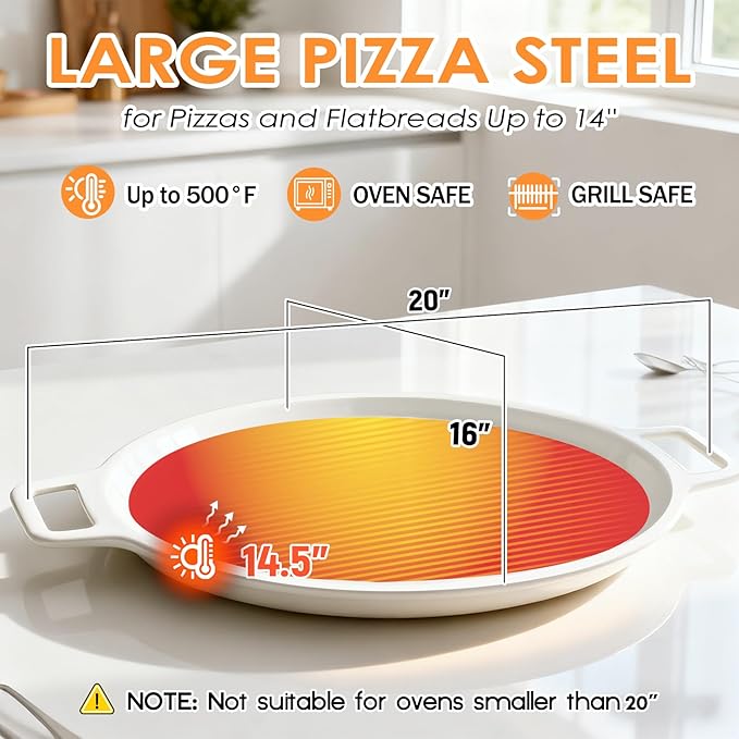 16" 3-Layer Hybrid Pizza Steel for Fast & Even Heating, Ceramic Nonstick Smooth Pizza Pan, Oven Baking Steel for Pizzas Up to 14", 304 Stainless Steel + Aluminum Core + 403 Stainless Steel, Non-etched
