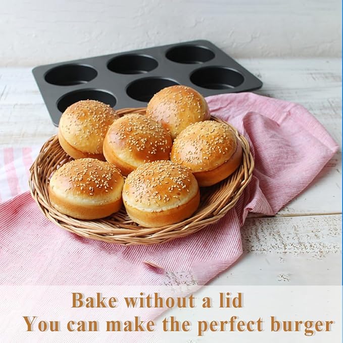 6 Cup Jumbo English Muffin Pan with Lid, Nonstick Straight Side Baking Pan, Hamburger Burger Bun Mold for Baking Egg Sandwich Frittata Cinnamon Roll Focaccia Quiche Pancake