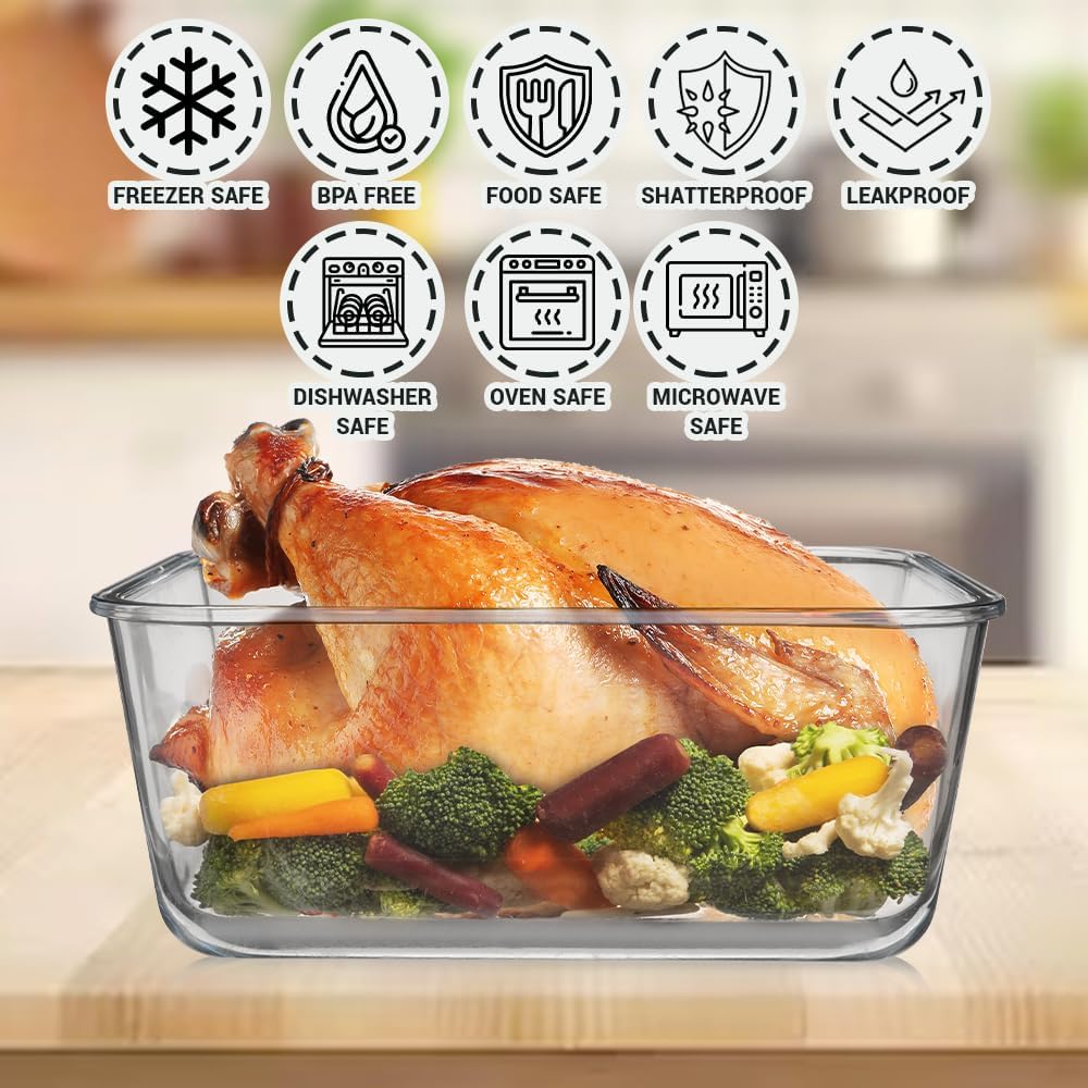 3300 ml/ 112 oz LARGE Glass Food Container with Locking Lid. Ideal for Storing food, vegetables or fruits. Baking Casserole, Lasagna, Baking Or Roasting chicken and lot of other tasty food. BPA Free