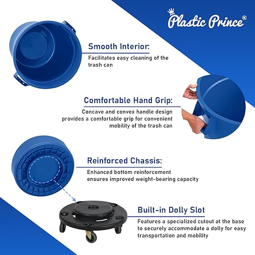 PLASTIC PRINCE 20 Gallon Round Trash Can with Lid and Dolly Blue Plastic Commercial Garbage Container for Home Garage Restaurants Warehouses - Bundle