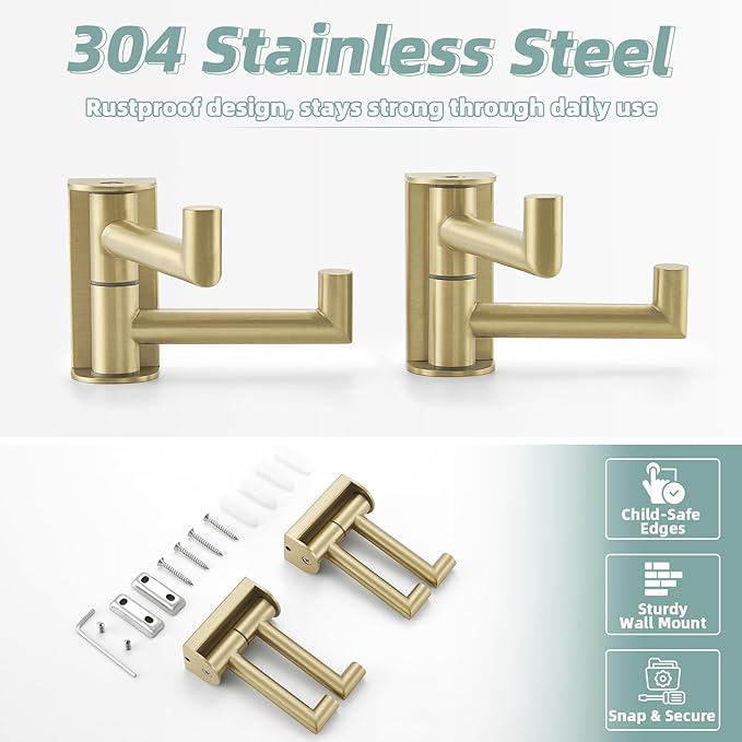 APLusee 2-Pack Brushed Gold Swivel Double Towel Hooks, 304 Stainless Steel Wall Hooks with 2 Arms, Space-Saving Towel Hangers for Bathroom Kitchen RV