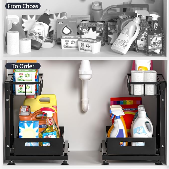 L-Shaped Under Sink Organizer, 2-Tier Pull Out Metal Kitchen Cabinet Organizer with Sliding Storage Drawer, Height Adjustable Heavy Duty Under Bathroom Sink Storage for Cleaning Supplies 1 Pack