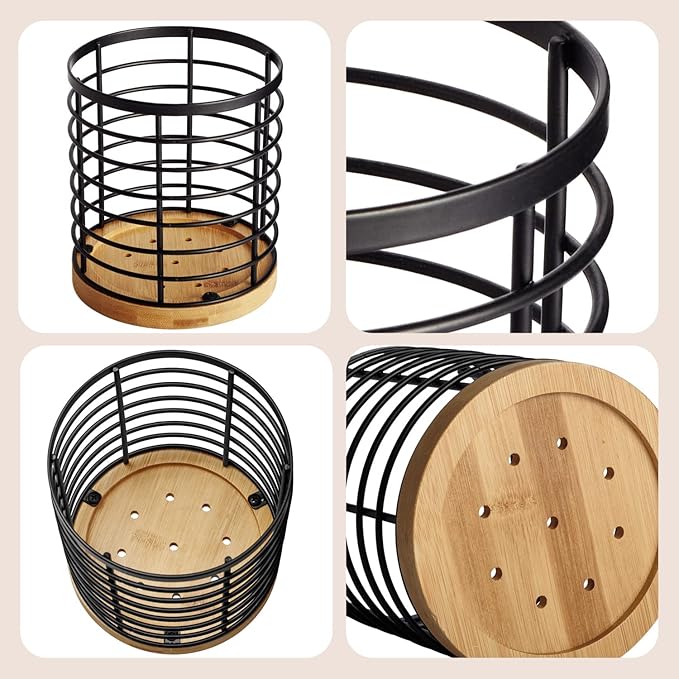 Utensil holder for Kitchen Counter - 5.2" x 5.2" x 6" Large Round with Wooden Base Matte Black Cooking Utensil Holder Utensil Organizer (Metal+Bamboo)